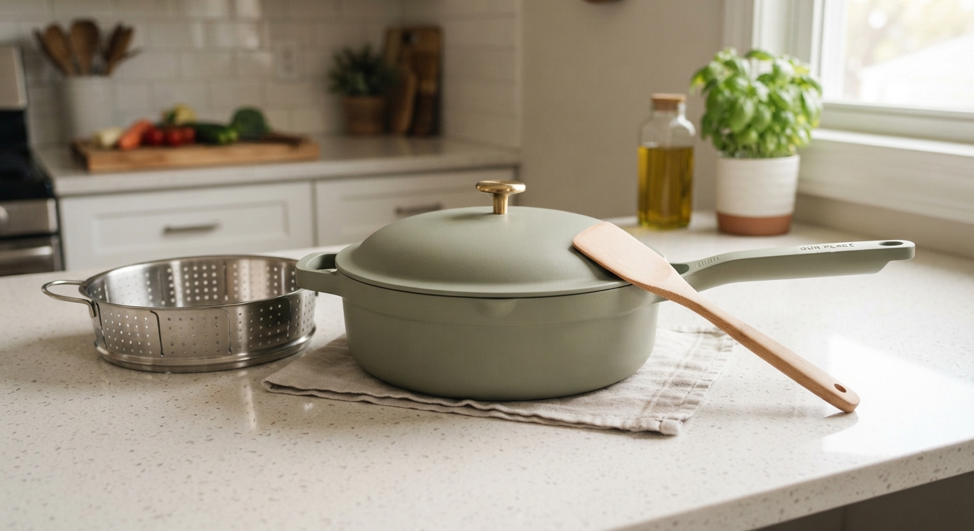 Sage green Our Place Always Pan with its fitted lid, a wooden spatula resting on top, and a steaming basket on a counter.