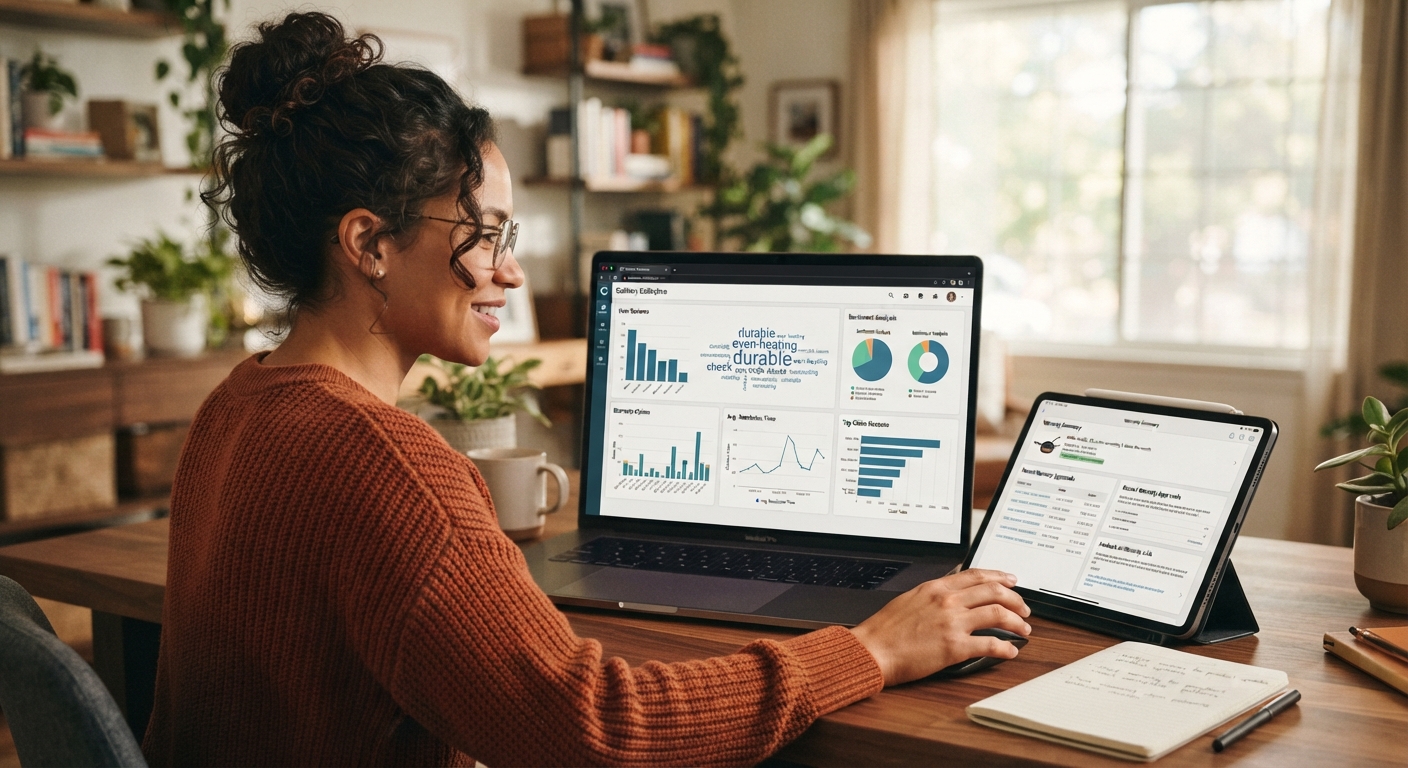 A woman looking at a laptop and a tablet displaying analytics dashboards on a wooden desk in a bright home office.
