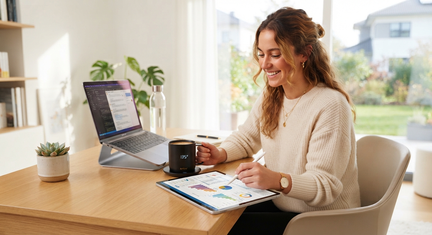 A smiling woman working at a wooden desk with a laptop, tablet, and a smart mug.