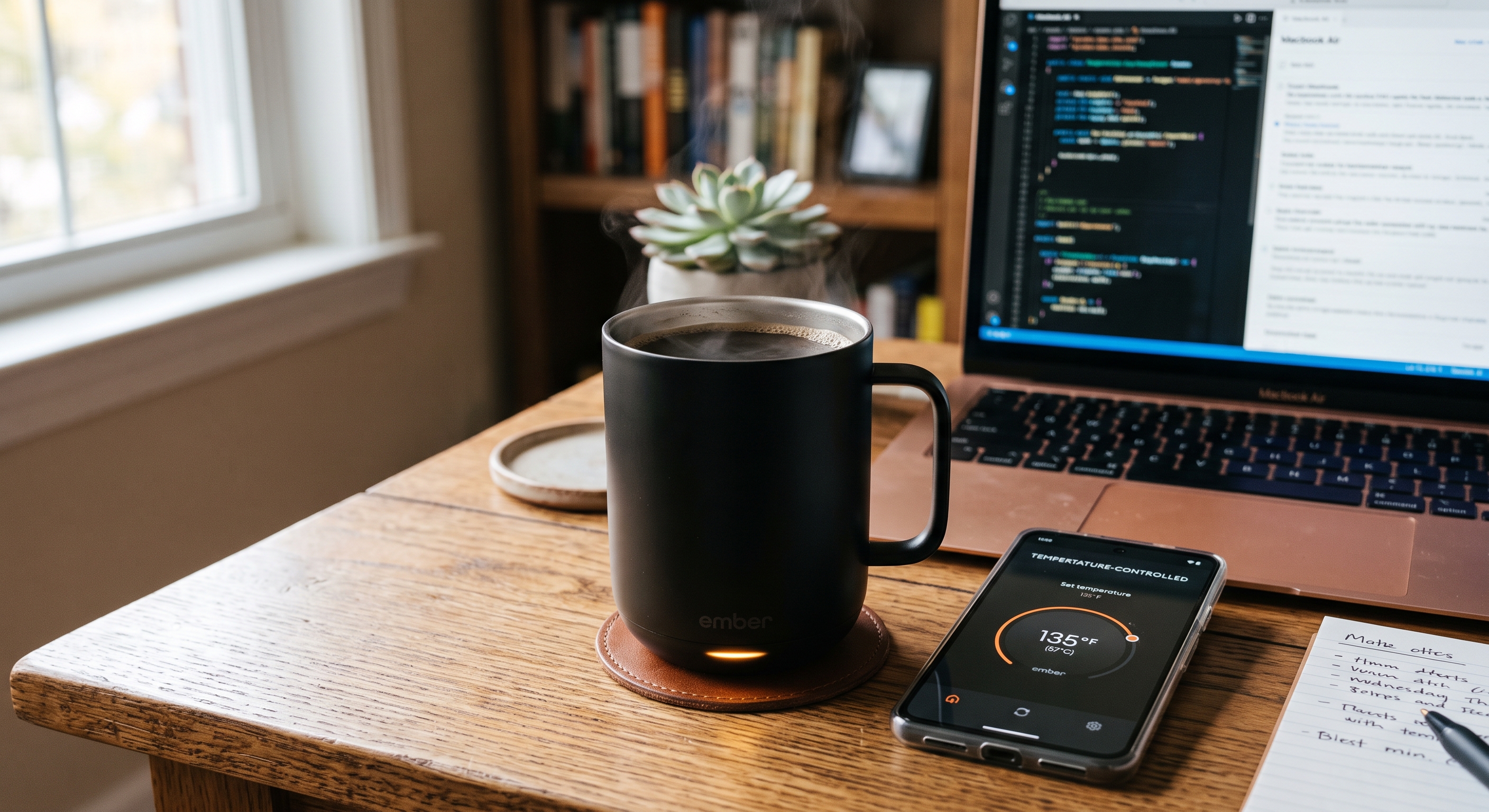 A black Ember Mug steaming on a desk beside a smartphone displaying a temperature control app and a open laptop.