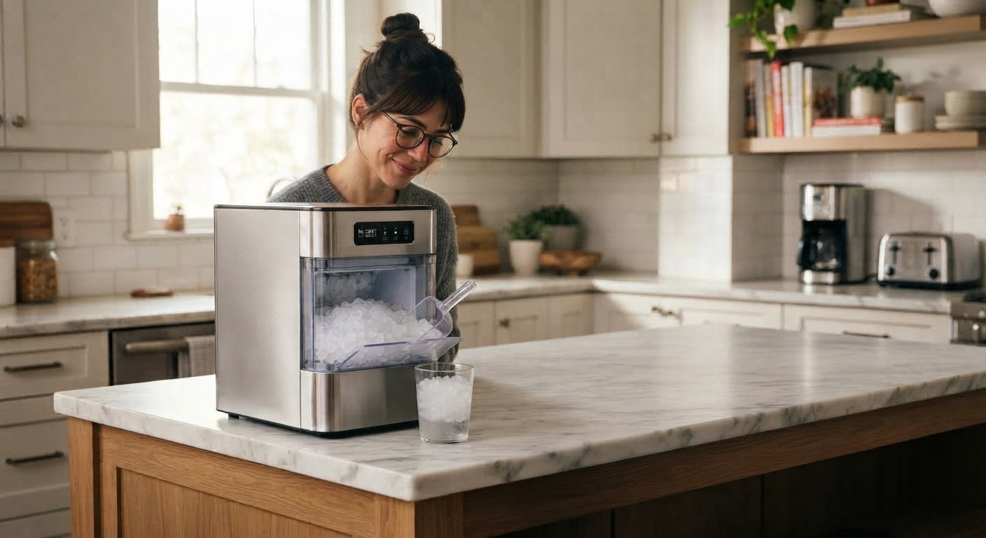 A woman with glasses smiling next to a countertop nugget ice maker and a glass of ice on a kitchen island.
