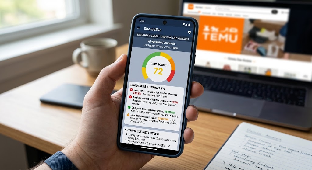 A person holding a phone showing the ShouldEye app risk score and shopping analysis in front of a laptop screen.