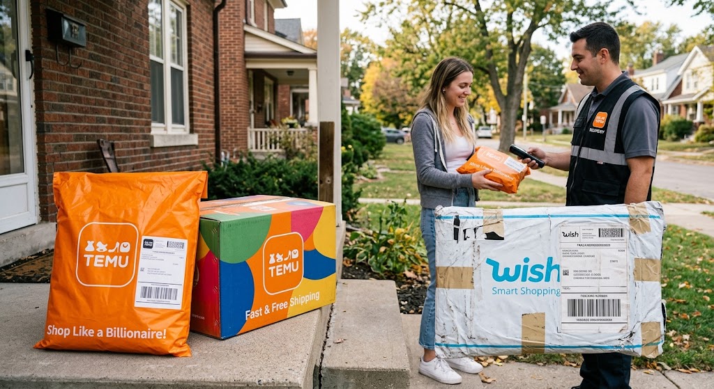 A delivery person handing a parcel to a woman at a porch with bright orange Temu boxes and a Wish package on the step.