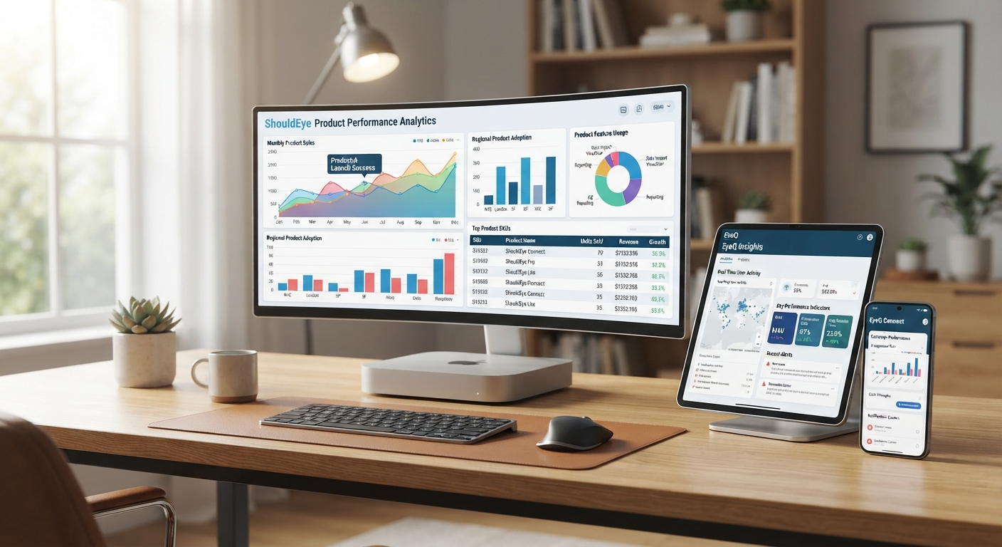 A computer monitor displaying ShouldEye product analytics sits next to a tablet and a cellphone showing EyeQ insights.