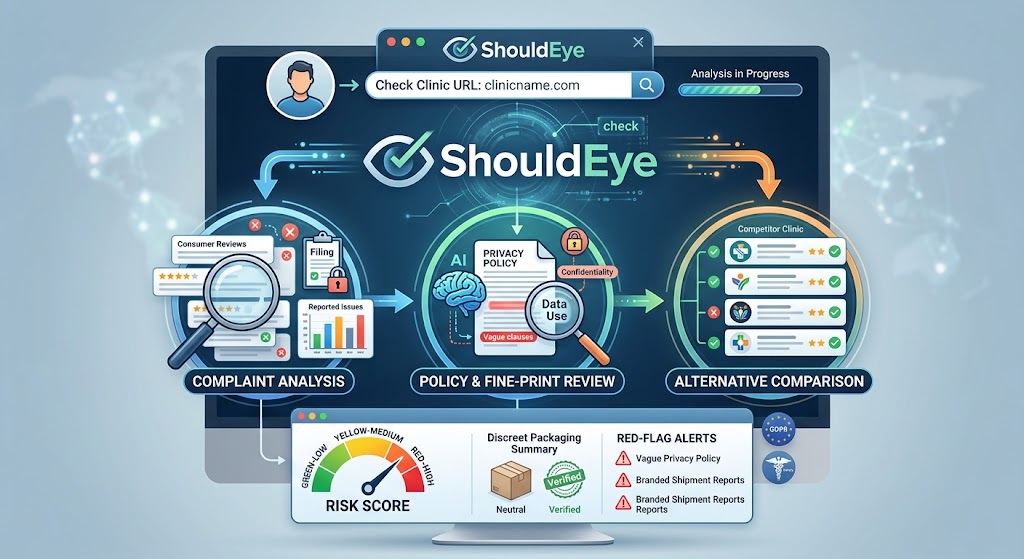 An infographic illustrating how the ShouldEye platform aggregates trust signals across three key dimensions for clinical URL checks.