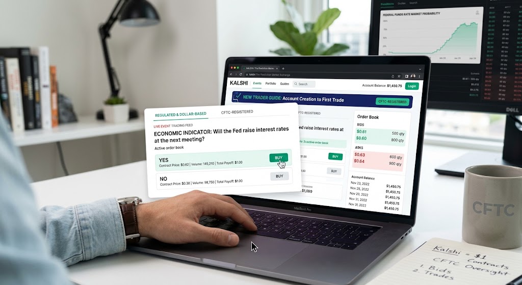 A close-up photograph captures a person using a laptop to navigate the Kalshi prediction market exchange, which is clearly labeled as CFTC-registered.