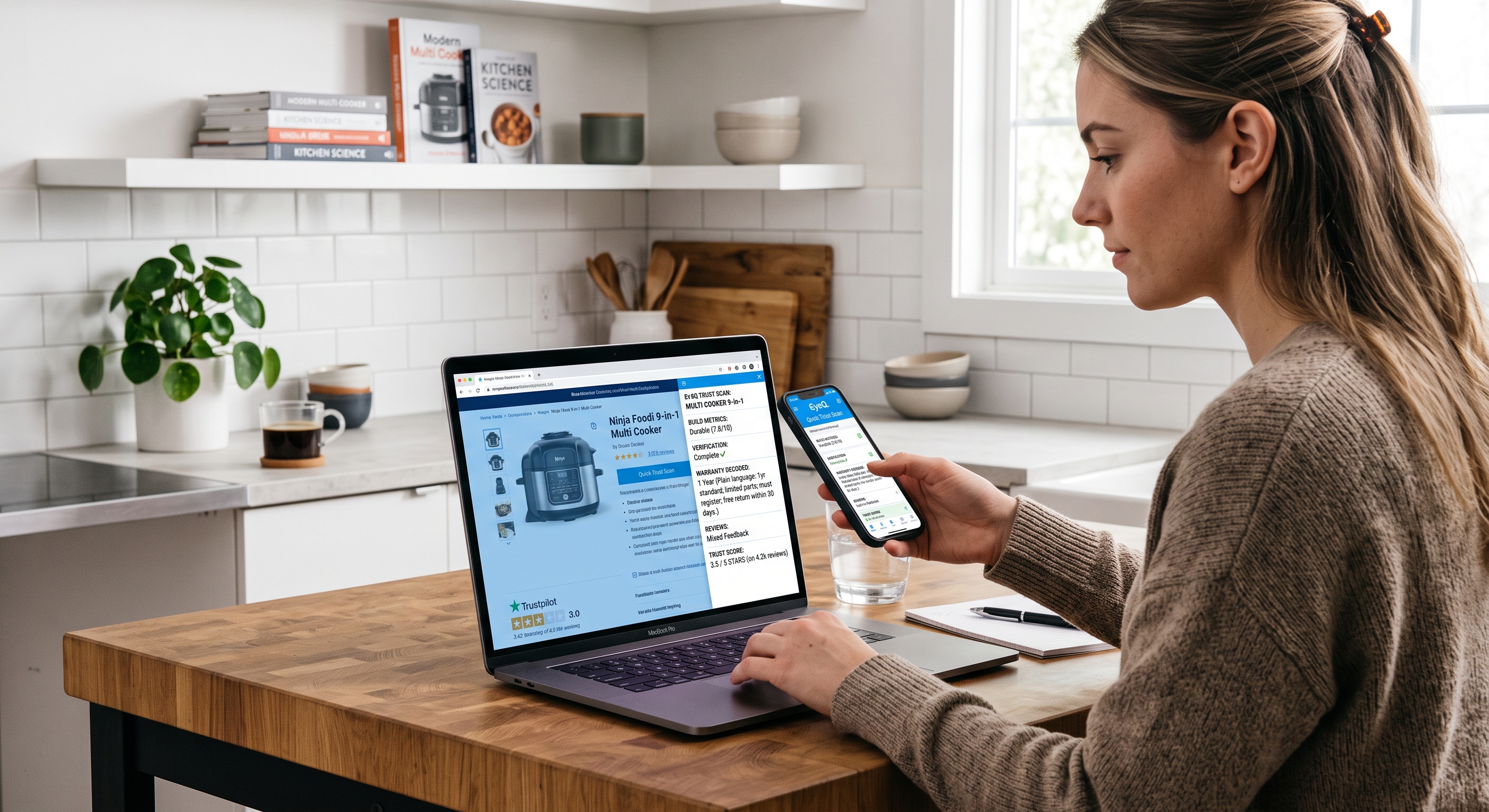 A woman uses her phone and a laptop in a kitchen to research a Ninja Foodi multi-cooker and its Trustpilot rating.