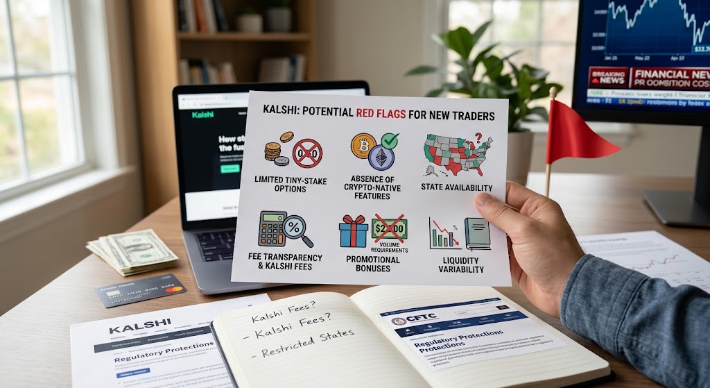 A woman uses EyeQ on her laptop to view a Kalshi trust score, regulatory filings, and SEC investor resources on her desk.
