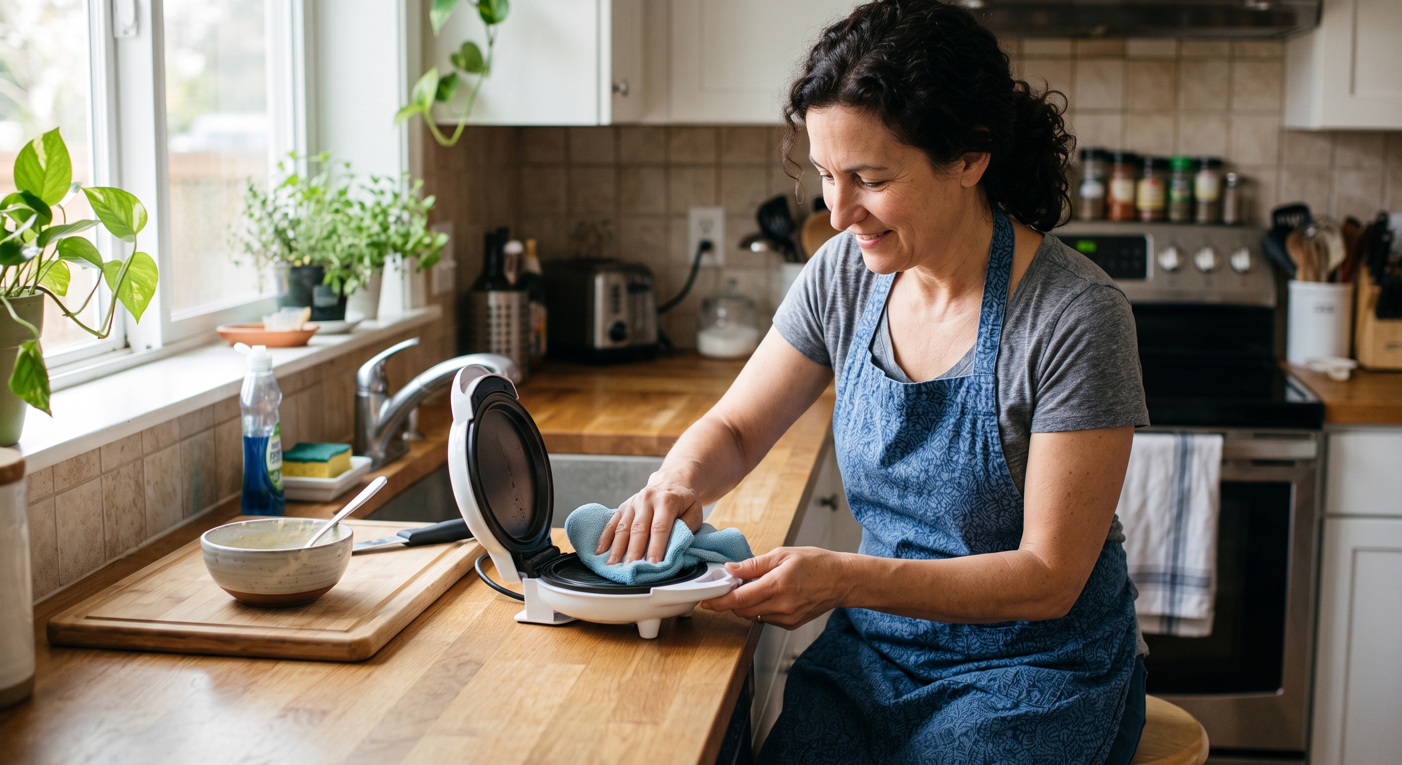 A woman in a kitchen wearing a blue apron smiles as she wipes down the plates of an open mini waffle maker with a blue cloth.