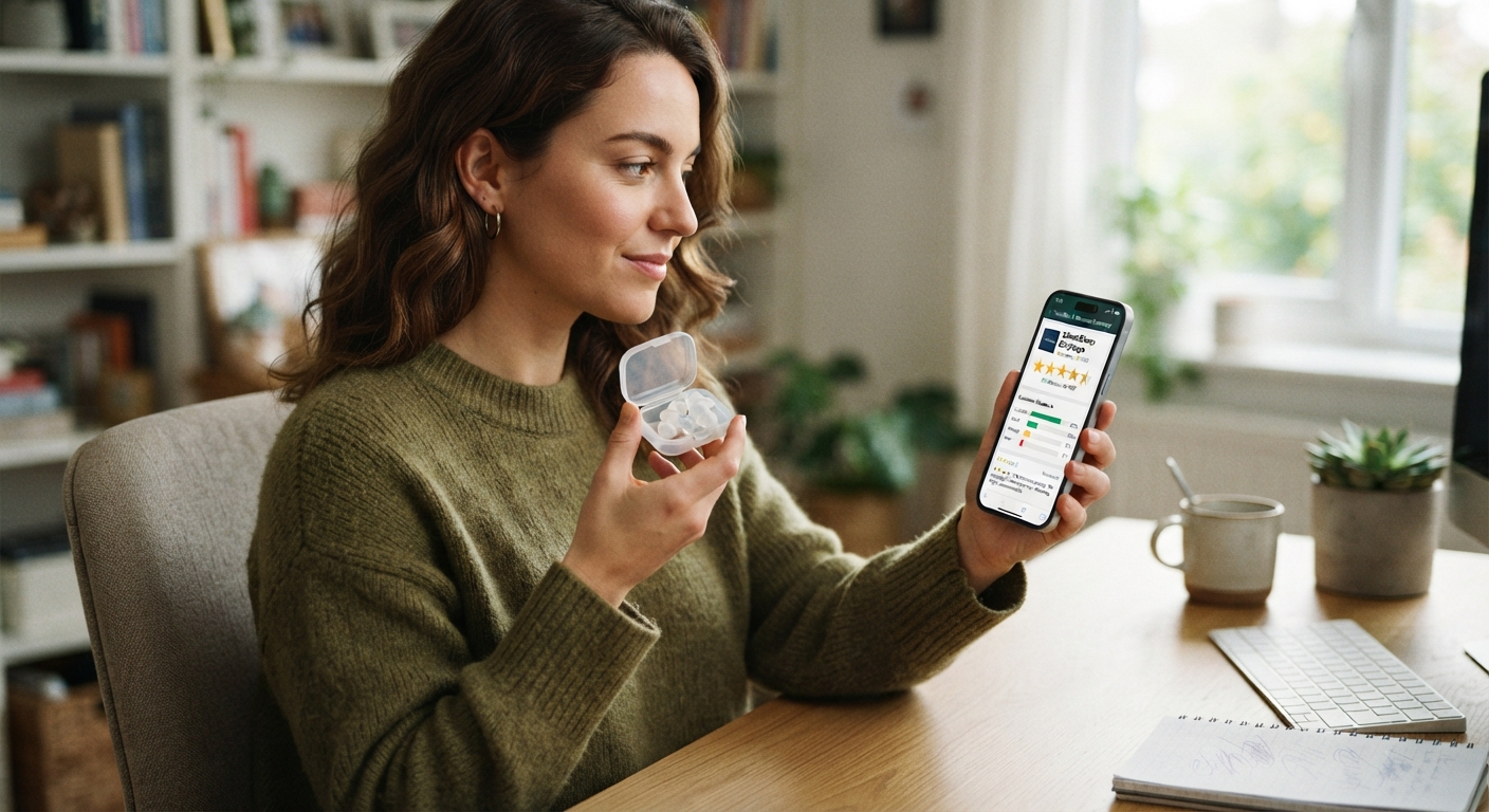 A woman holding a small case of earplugs while looking at product reviews and ratings displayed on her smartphone screen.
