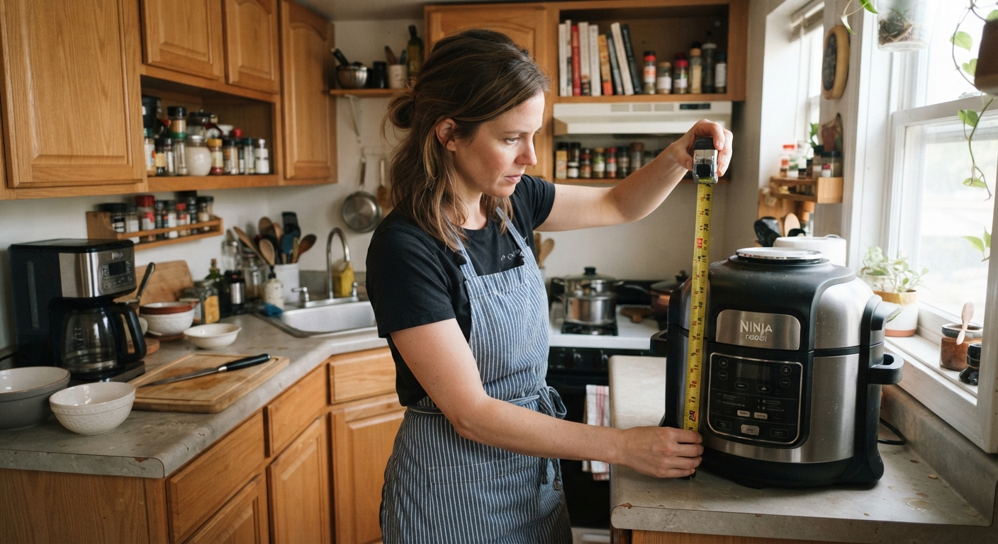 A woman uses a tape measure to check the width of a Ninja Foodi pressure cooker on a kitchen counter.