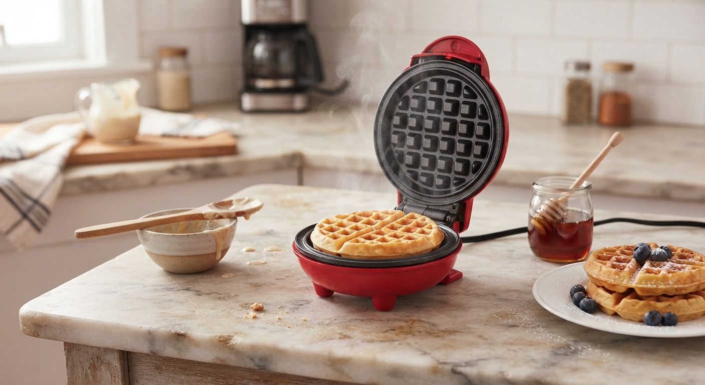 A compact red Dash mini waffle maker sits on a marble countertop with a freshly cooked waffle inside, steaming and ready to eat.