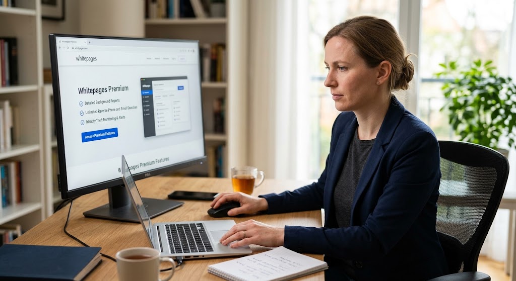 Woman reviewing the Whitepages Premium subscription page on a desktop computer screen in a bright office environment.