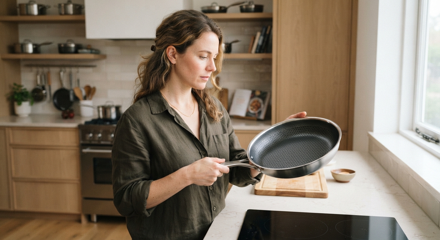 A woman in a kitchen inspects a hybrid cookware pan closely, checking its surface and handle.