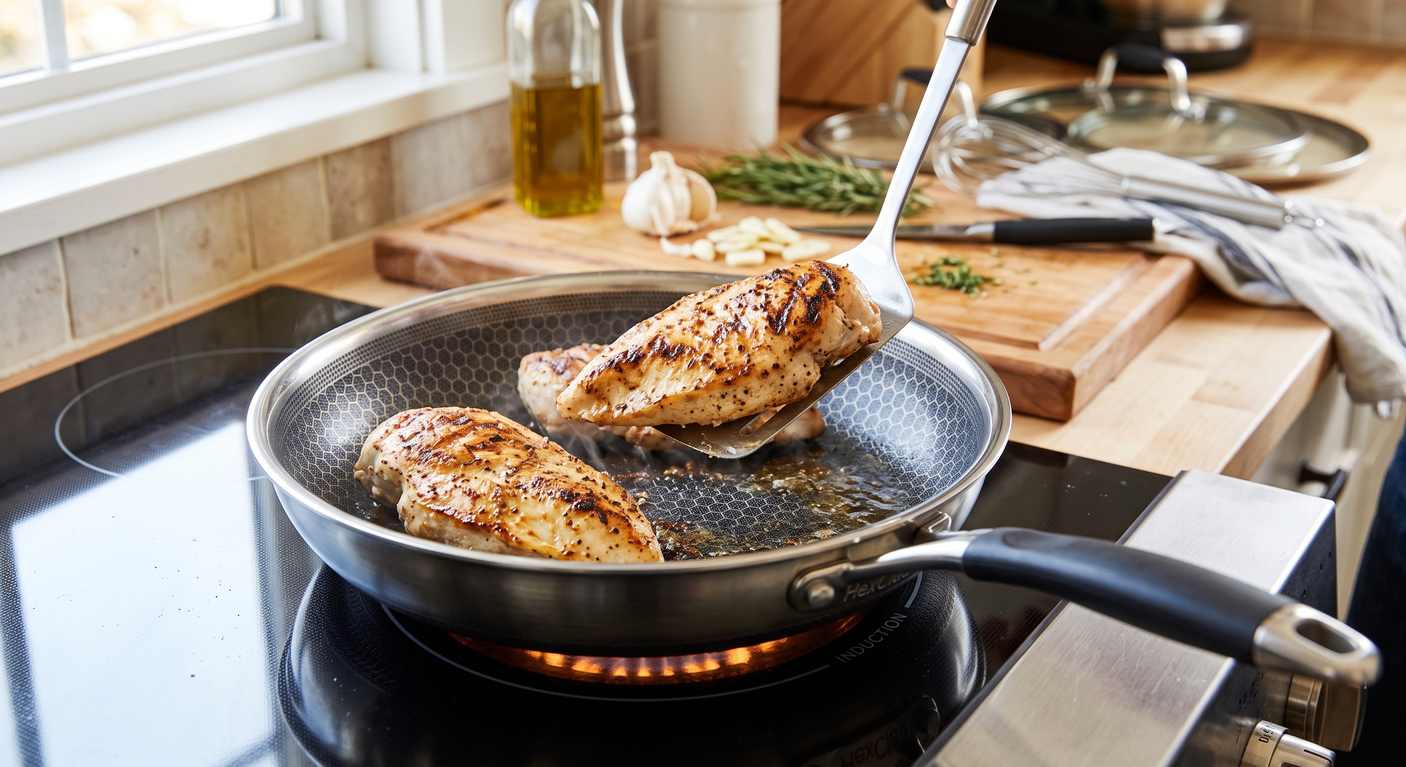 HexClad pan with signature honeycomb design searing seasoned chicken breasts on a stovetop with a metal spatula.