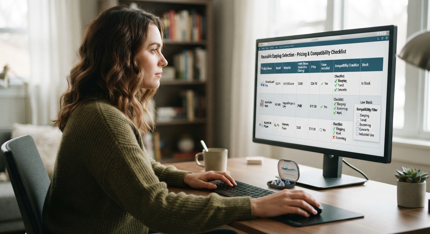 A woman sitting at her desk, working on a computer that displays a reusable earplug pricing and compatibility checklist.