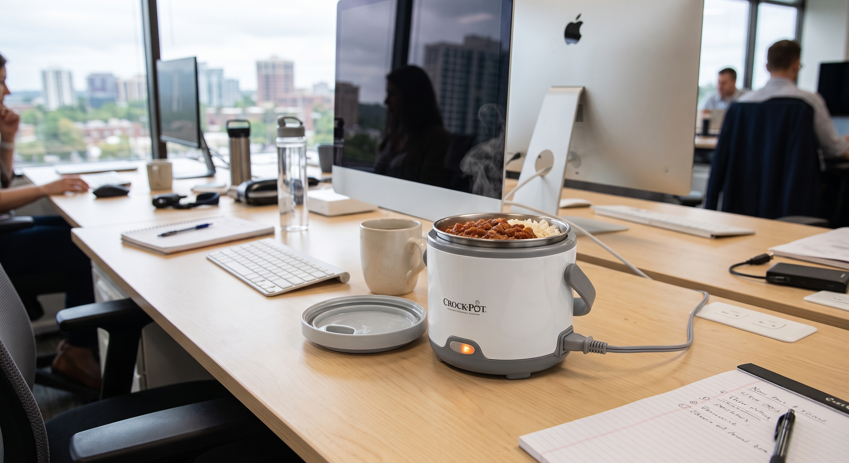 A white Crock-Pot Lunch Crock heats steaming food on an office desk, surrounded by computers and coworkers in a city setting.