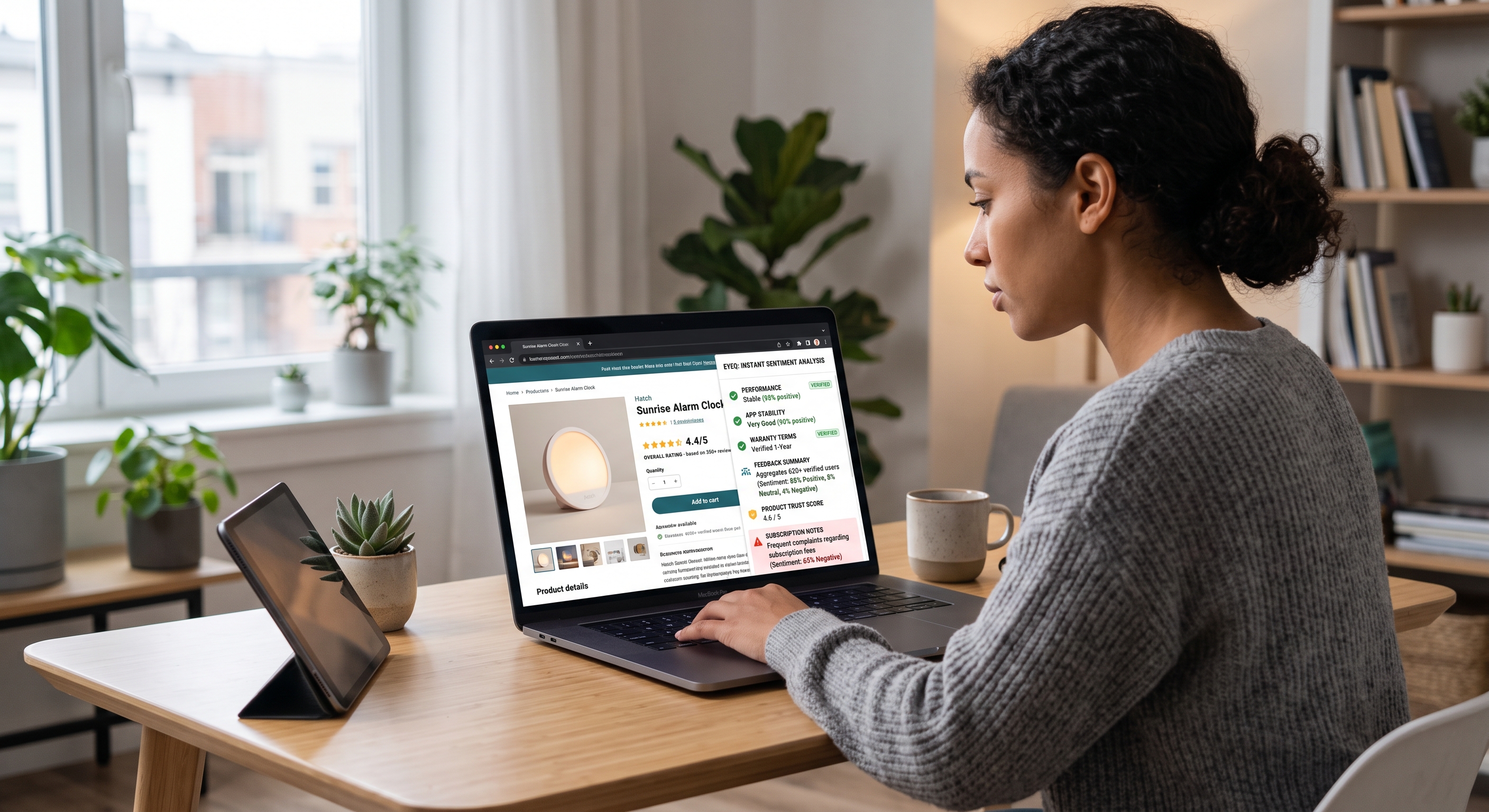 A woman looks at an e-commerce page for a Hatch Sunrise Alarm Clock with a detailed sentiment analysis panel on her laptop.