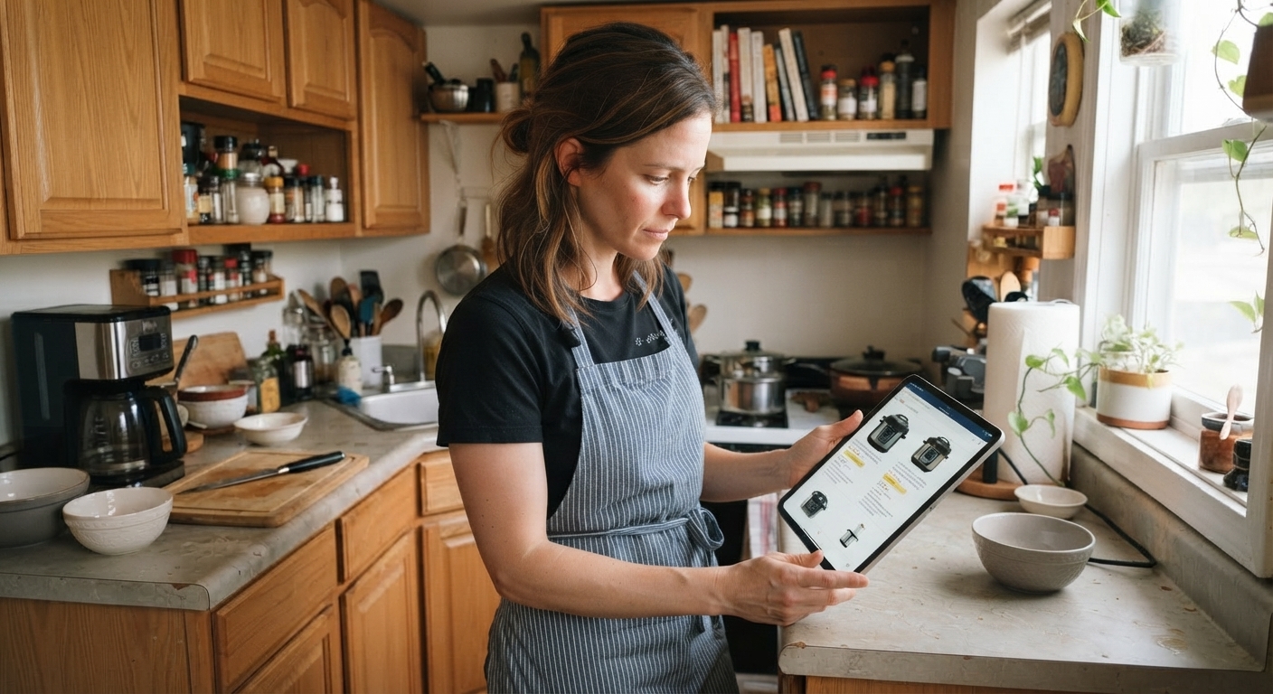 A woman in a kitchen looks at a digital tablet displaying retail prices and appliance options.