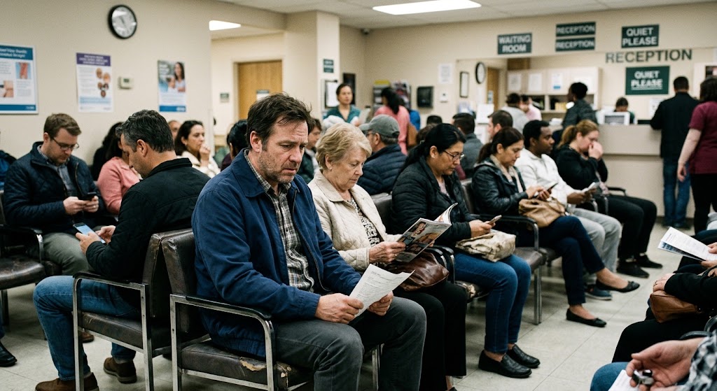 A man sitting thoughtfully in a crowded, busy hospital waiting room, highlighting traditional clinic privacy concerns.