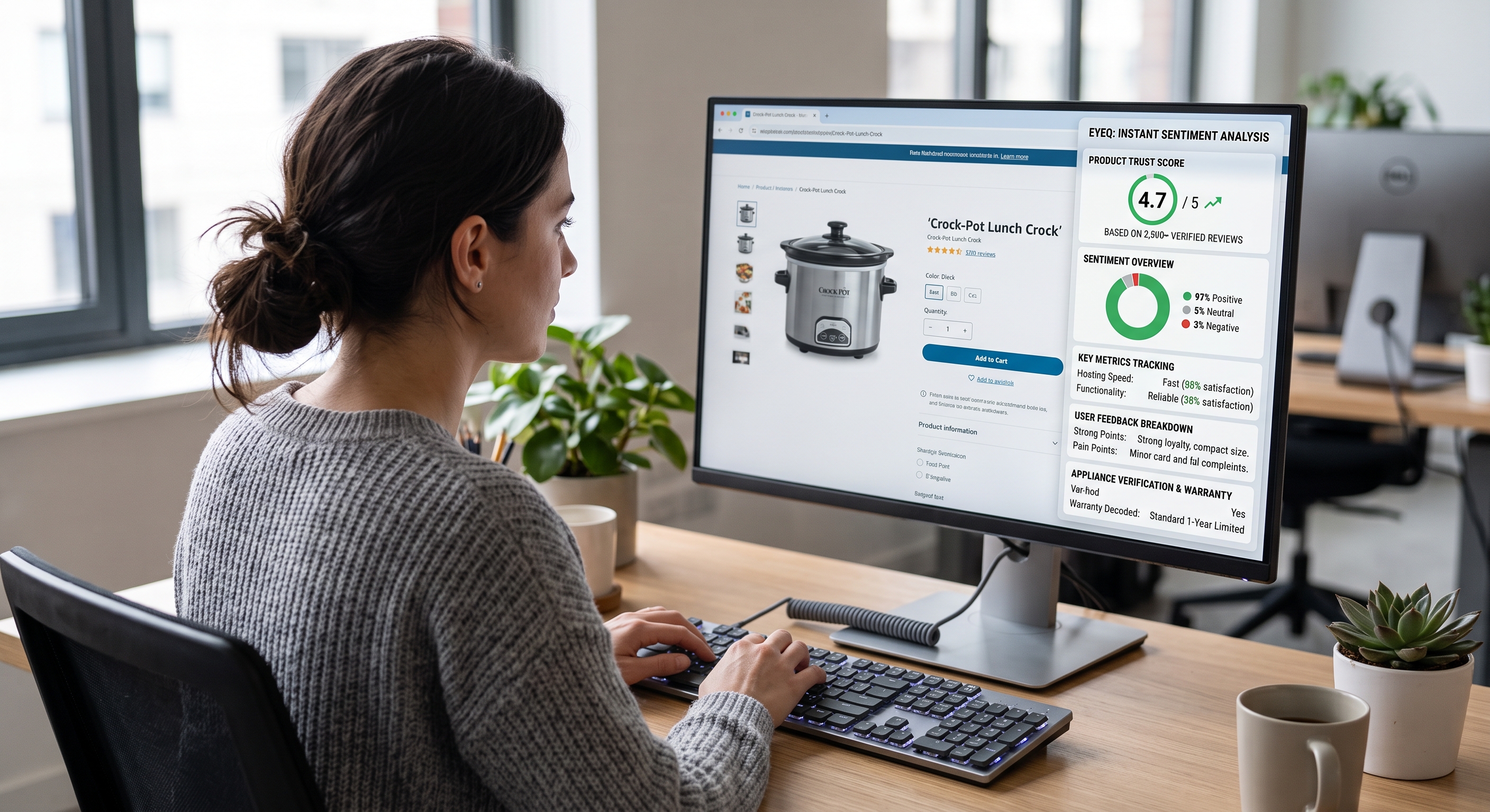 A woman in a grey sweater looks at an e-commerce page for a crock-pot and a detailed product sentiment analysis on a monitor.