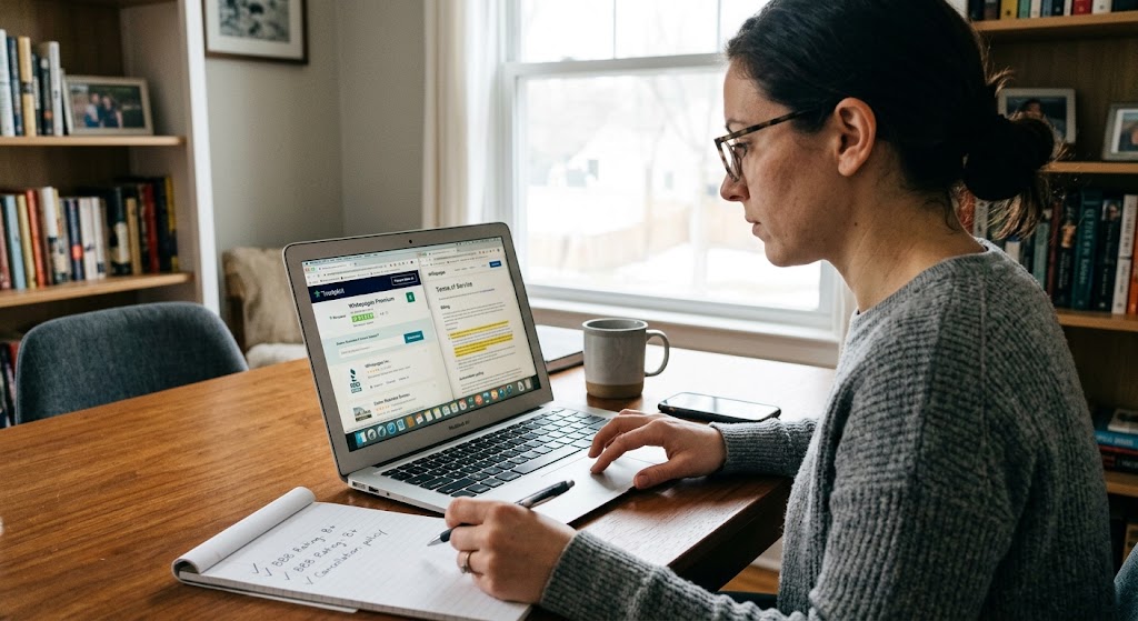 A woman sits at a wooden desk with a laptop, taking notes as she researches service reviews, ratings, and terms online.
