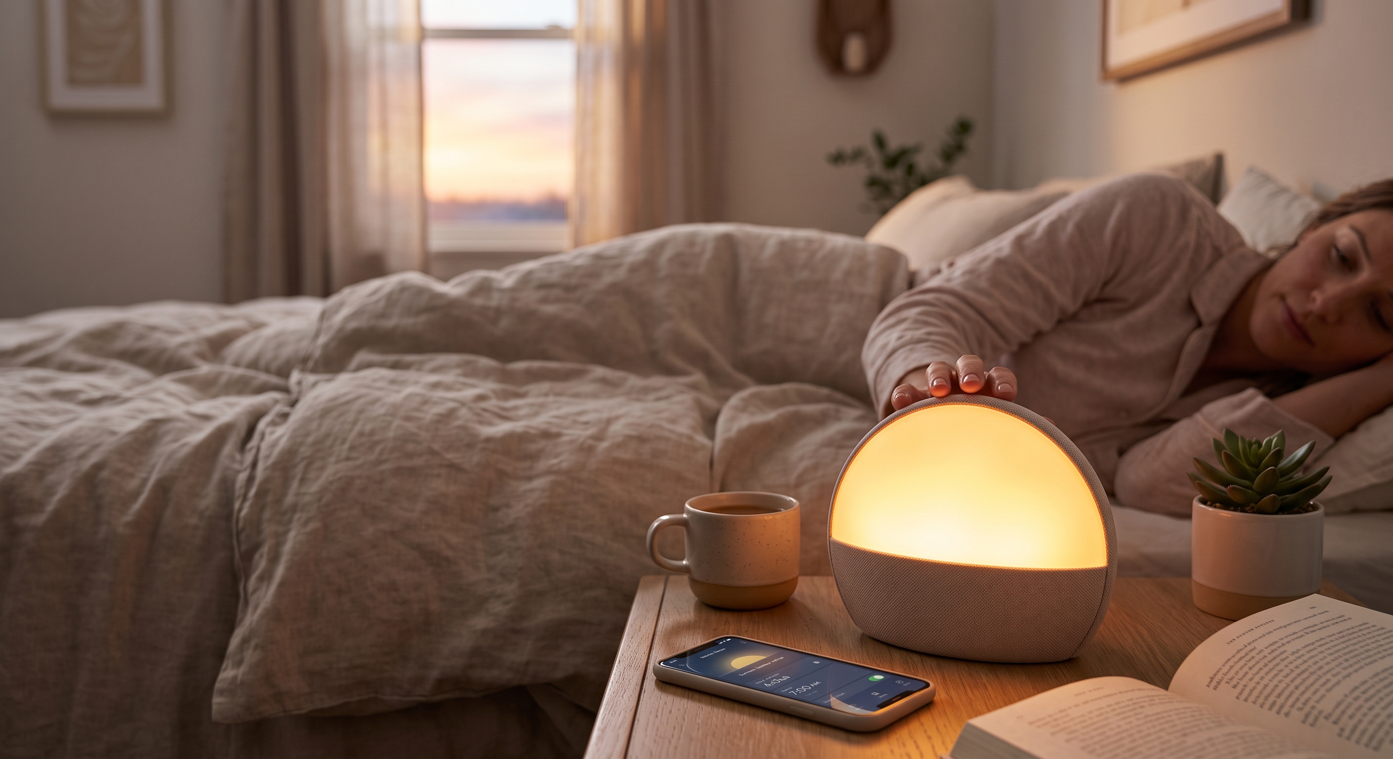 A woman reaches to touch a glowing Hatch Restore 2 on a nightstand in a sunlit bedroom with a smartphone and plant.