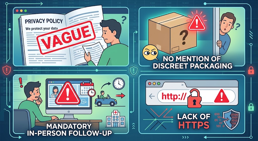 Graphic outlining telehealth security red flags like vague policies, missing discreet packaging, and unencrypted web links.
