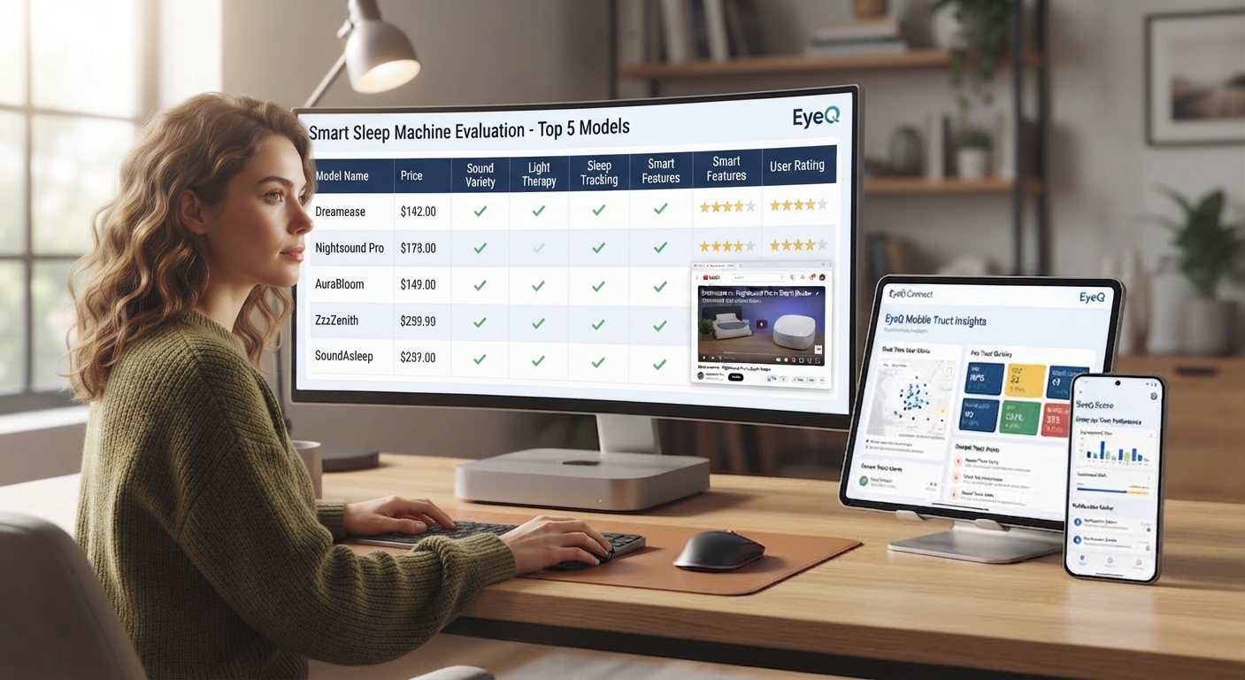 A woman sitting at her desk looking at a computer screen displaying a smart sleep machine evaluation comparison chart.