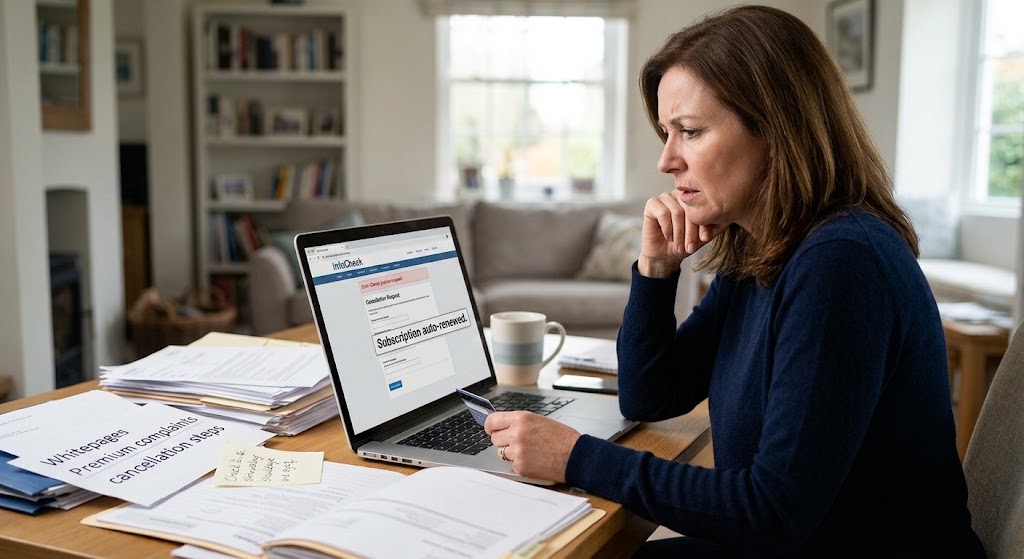 Frustrated woman looking at a subscription auto-renewal notice on her laptop with billing papers on her desk.