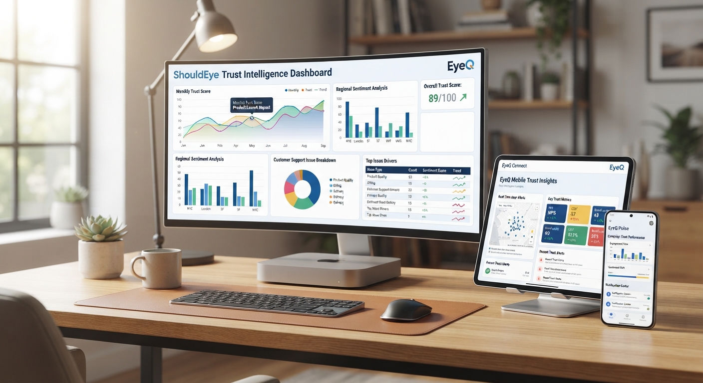 A computer monitor, tablet, and smartphone displaying the ShouldEye trust intelligence dashboard on a wooden desk.