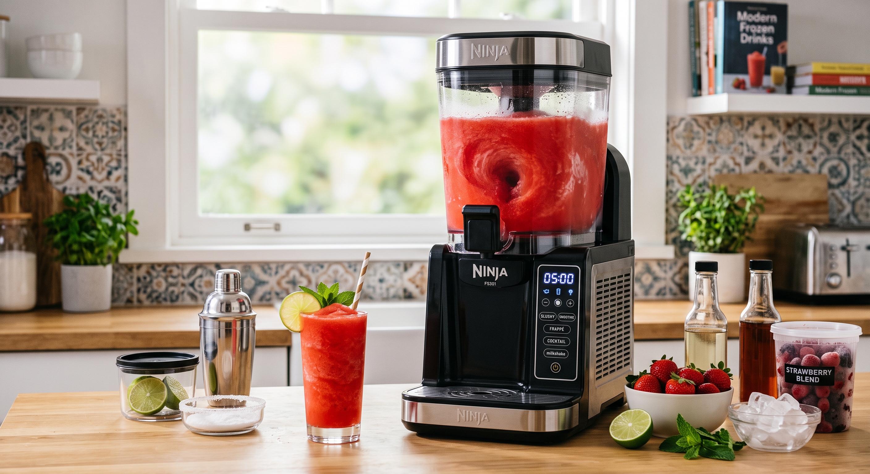 Ninja Slushi machine making a red frozen drink on a kitchen counter, with fruit and glasses.