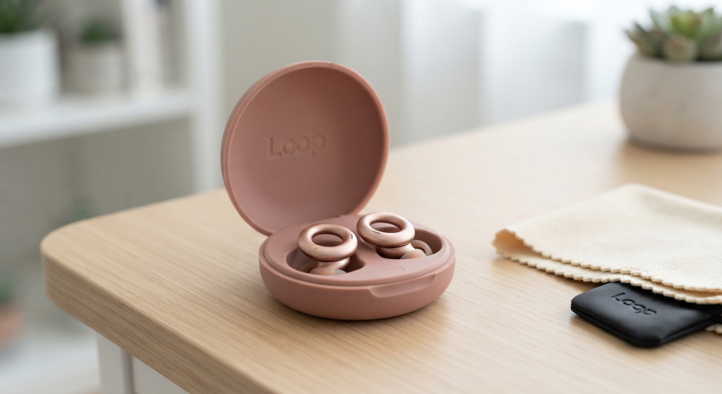 A pink open case holding Loop Experience Earplugs rests on a light wood tabletop beside a small pouch and plant.