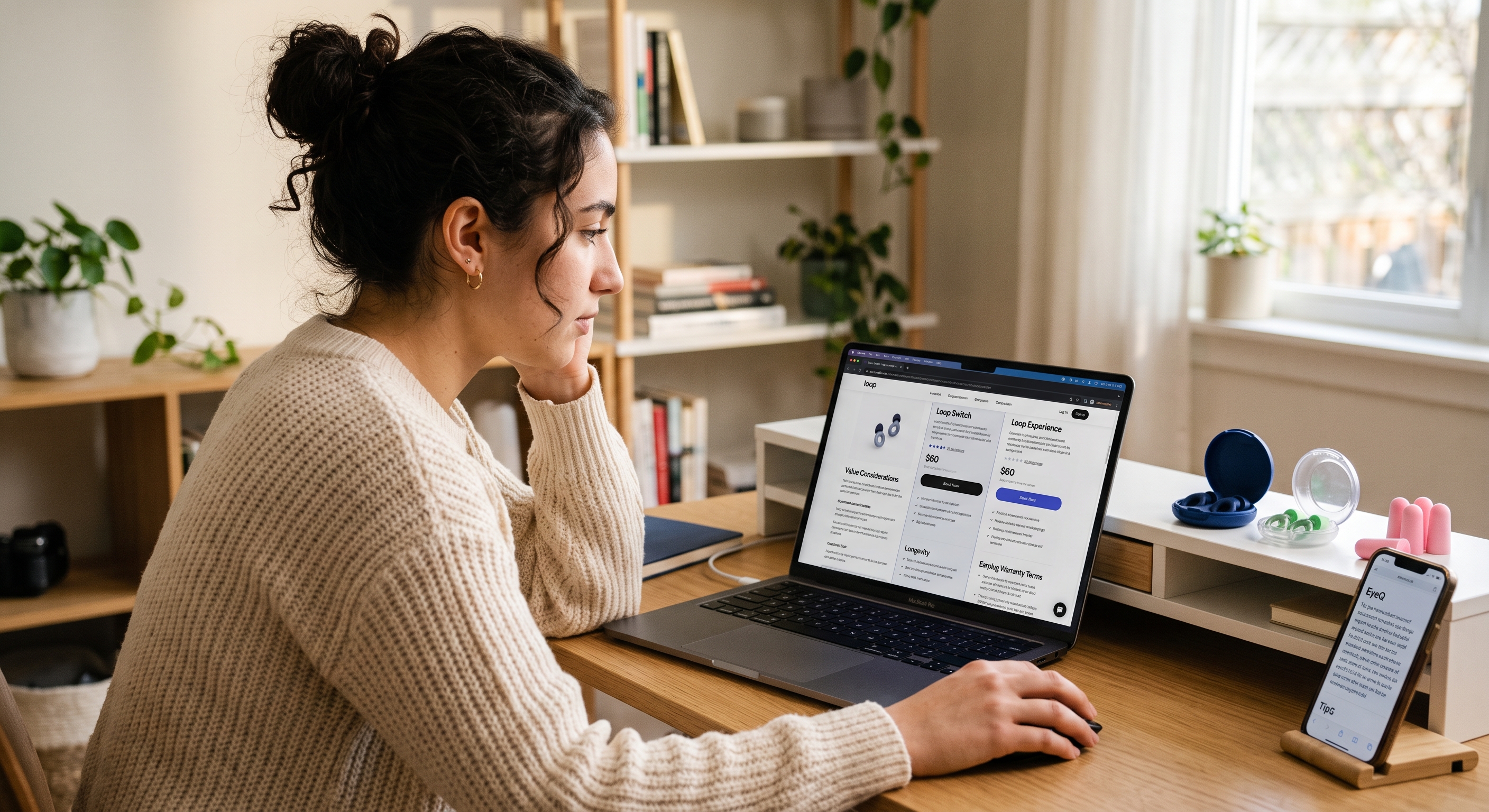 A woman researches Loop earplugs on a laptop at a desk with earplug cases and a smartphone displaying product details.