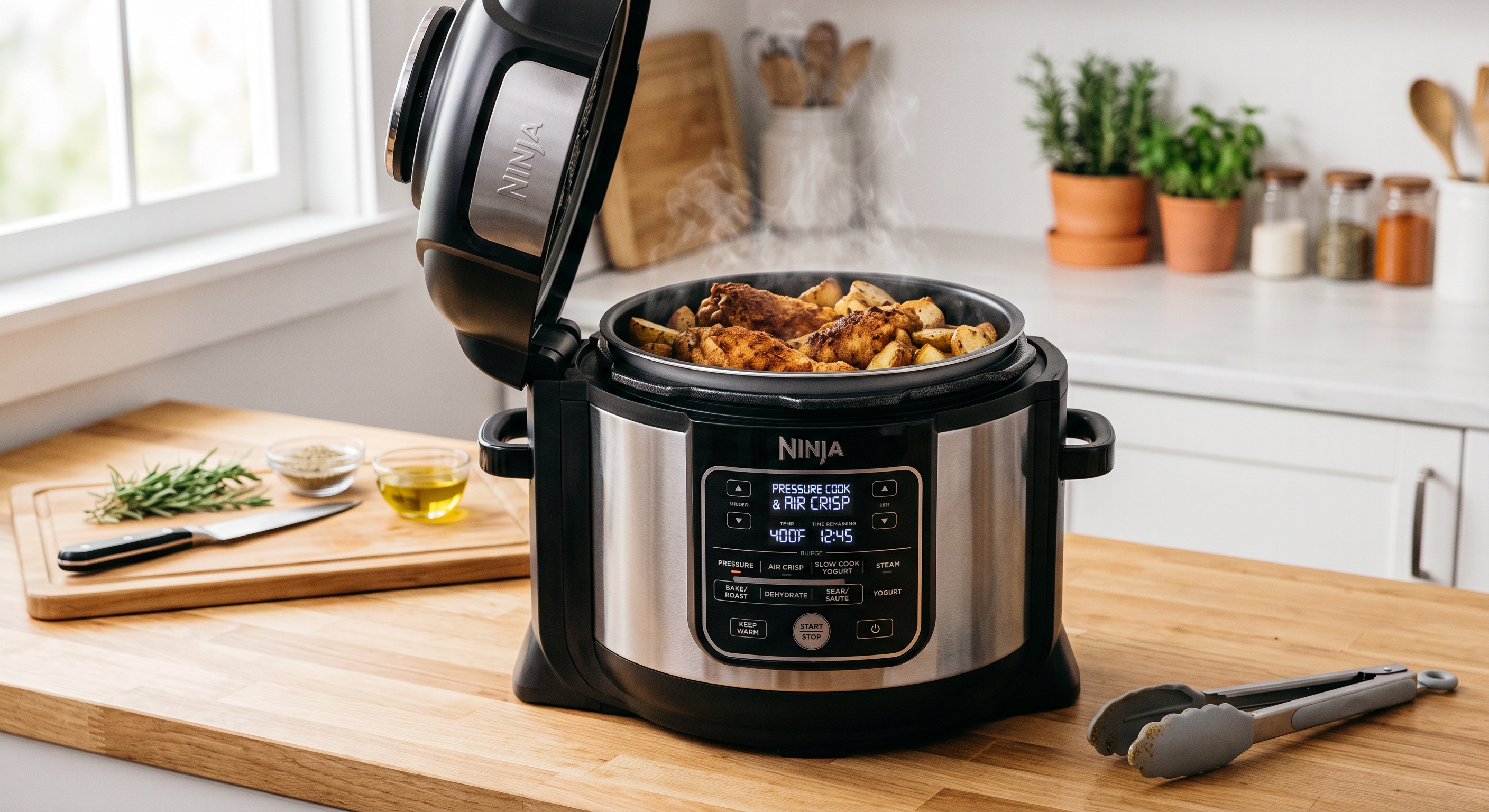 A Ninja multi-cooker with the lid open, air frying chicken wings and potatoes on a kitchen counter with herbs.