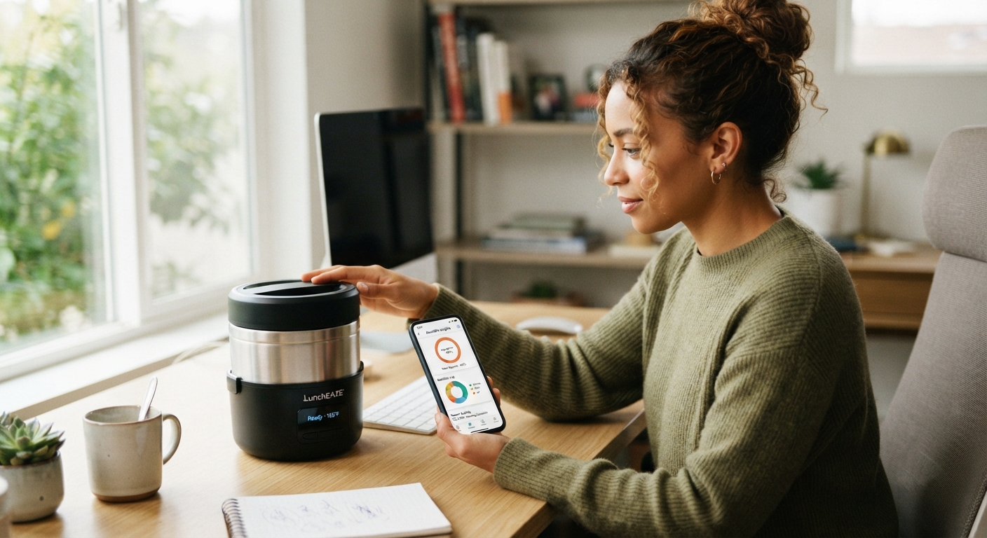 A woman sits at a desk, checking her phone while touching the lid of a portable food warmer appliance.