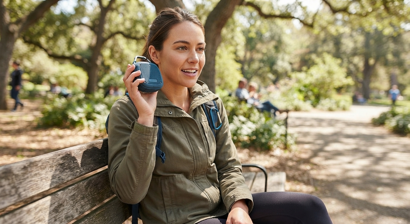 A young woman in an olive jacket sits on a park bench, smiling and holding a small, blue Bluetooth speaker close to her ear.