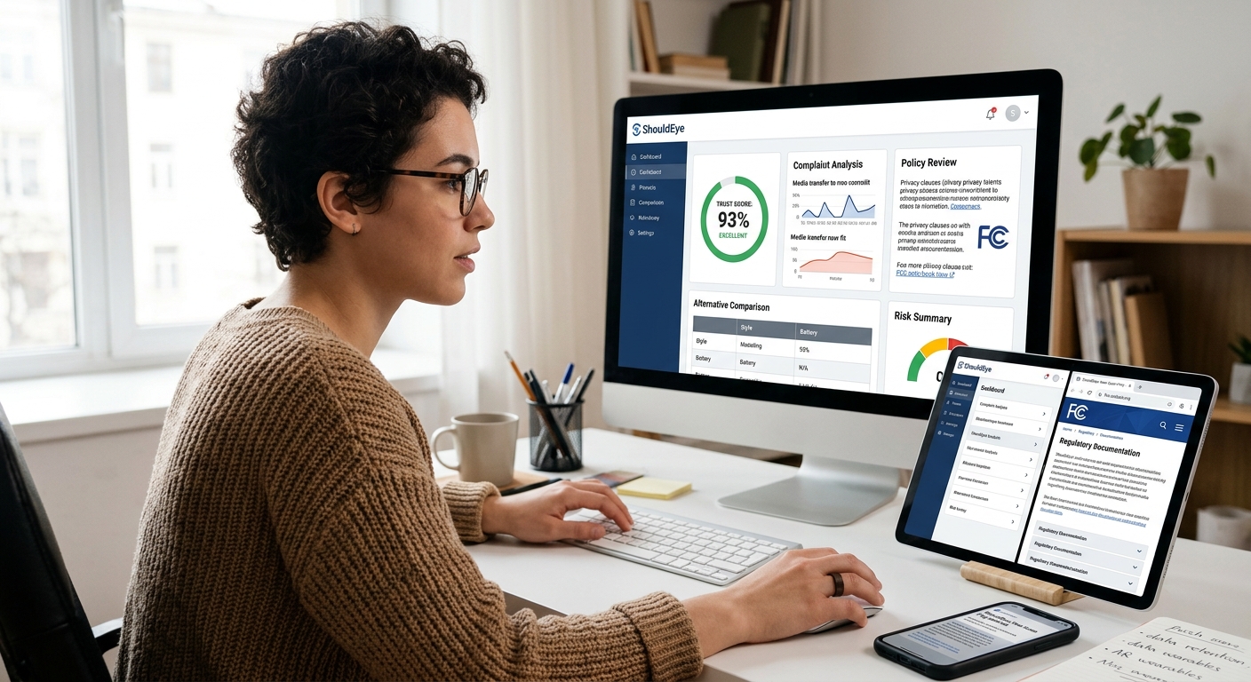A person at a computer uses the ShouldEye dashboard on desktop and tablet screens to analyze consumer trust ratings.