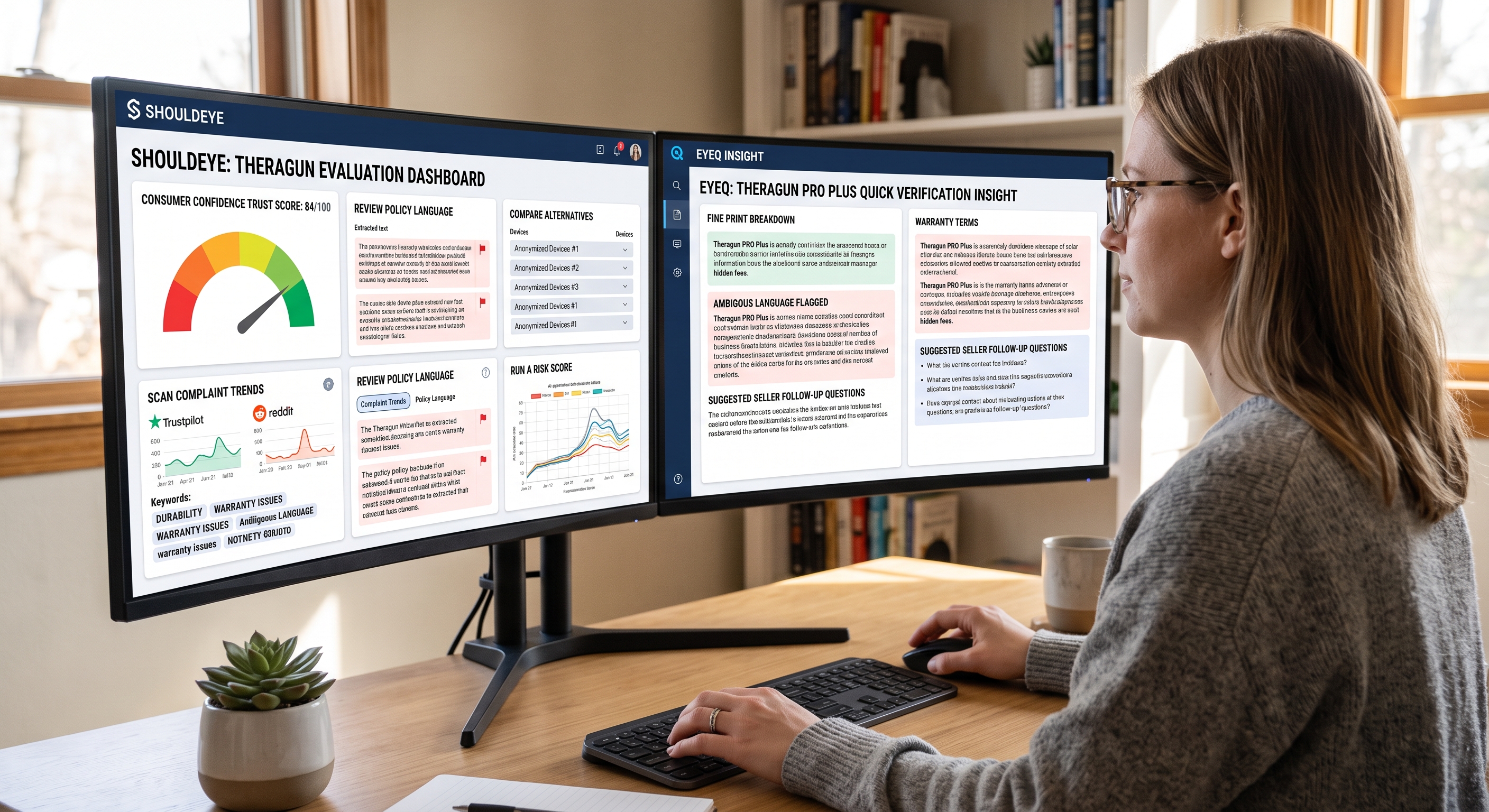 A woman views a Theragun evaluation on dual monitors: ShouldEye analytics on the left, EyeQ insights on the right.