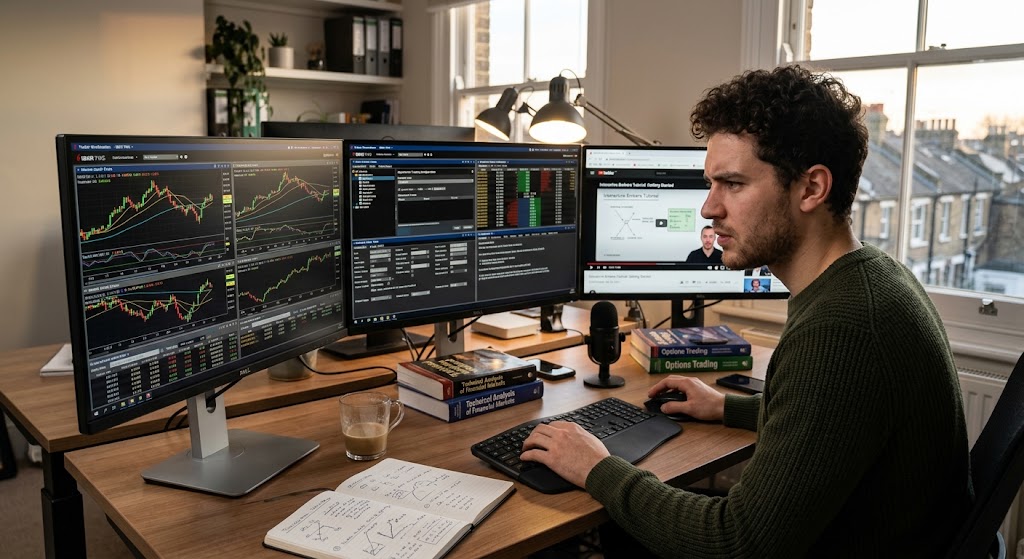 A trader studies stock charts and a video tutorial on multiple desktop monitors while taking notes at a home office setup.