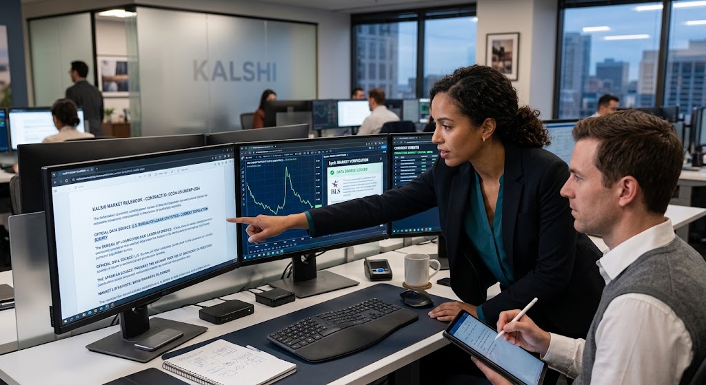 Two financial analysts review a Kalshi market rulebook and data source feed on dual desktop monitors in a modern office.