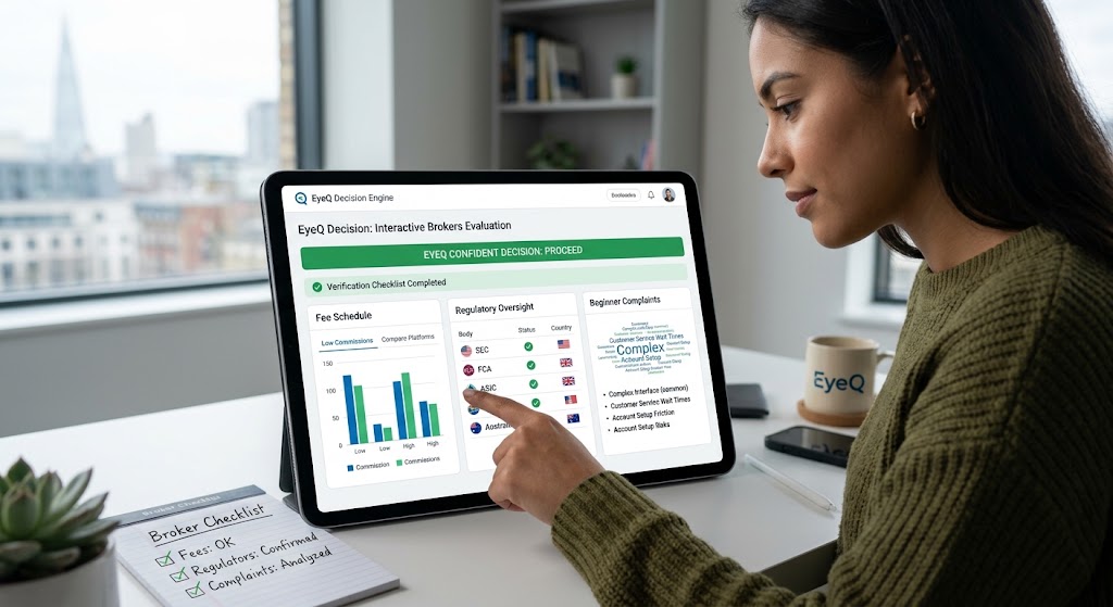 A woman points at an EyeQ dashboard on a tablet analyzing broker fee schedules, regulators, and user complaints.