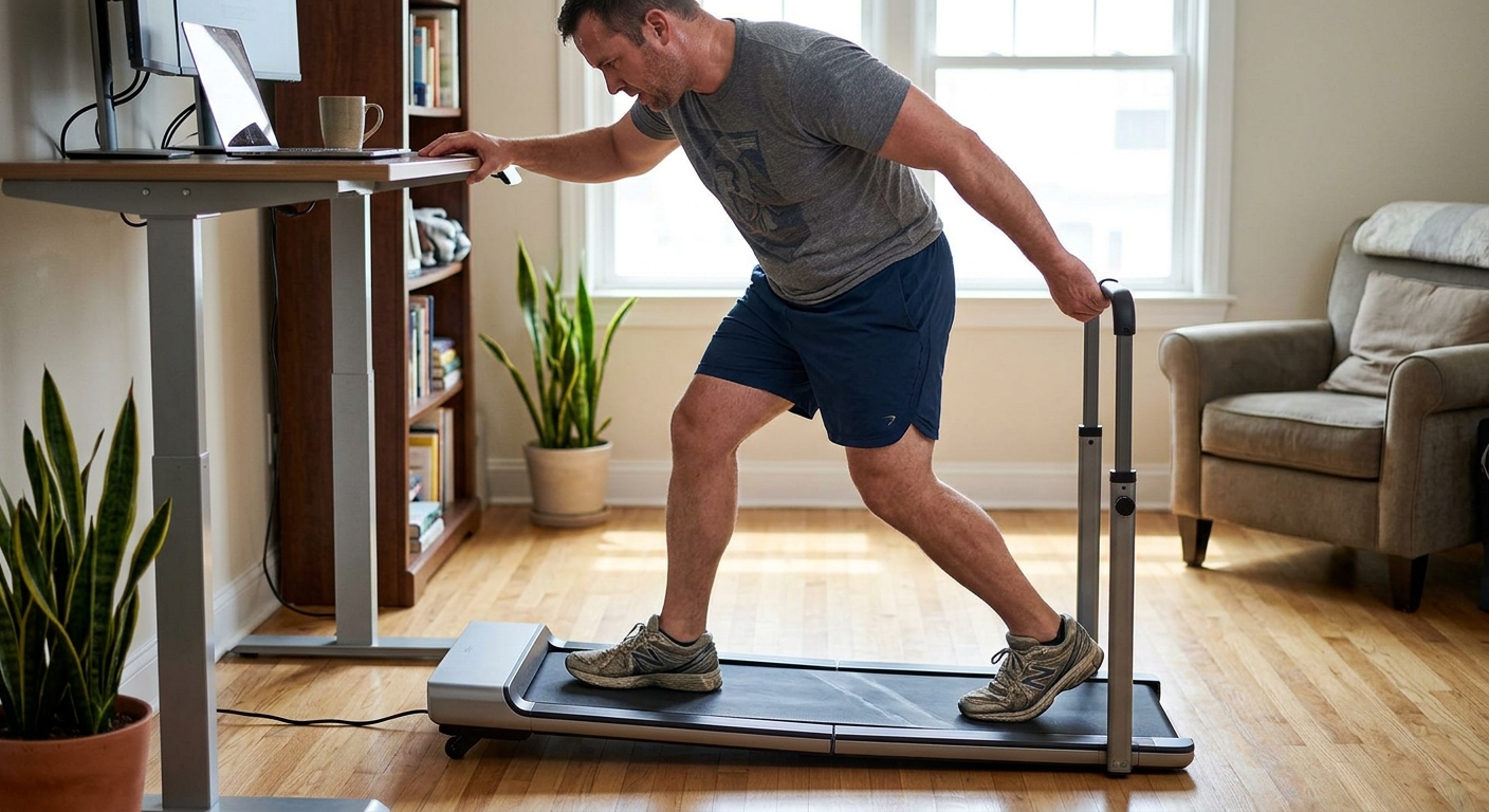 A man balances between a folded under-desk treadmill and a standing desk, demonstrating treadmill wobble in a home office.