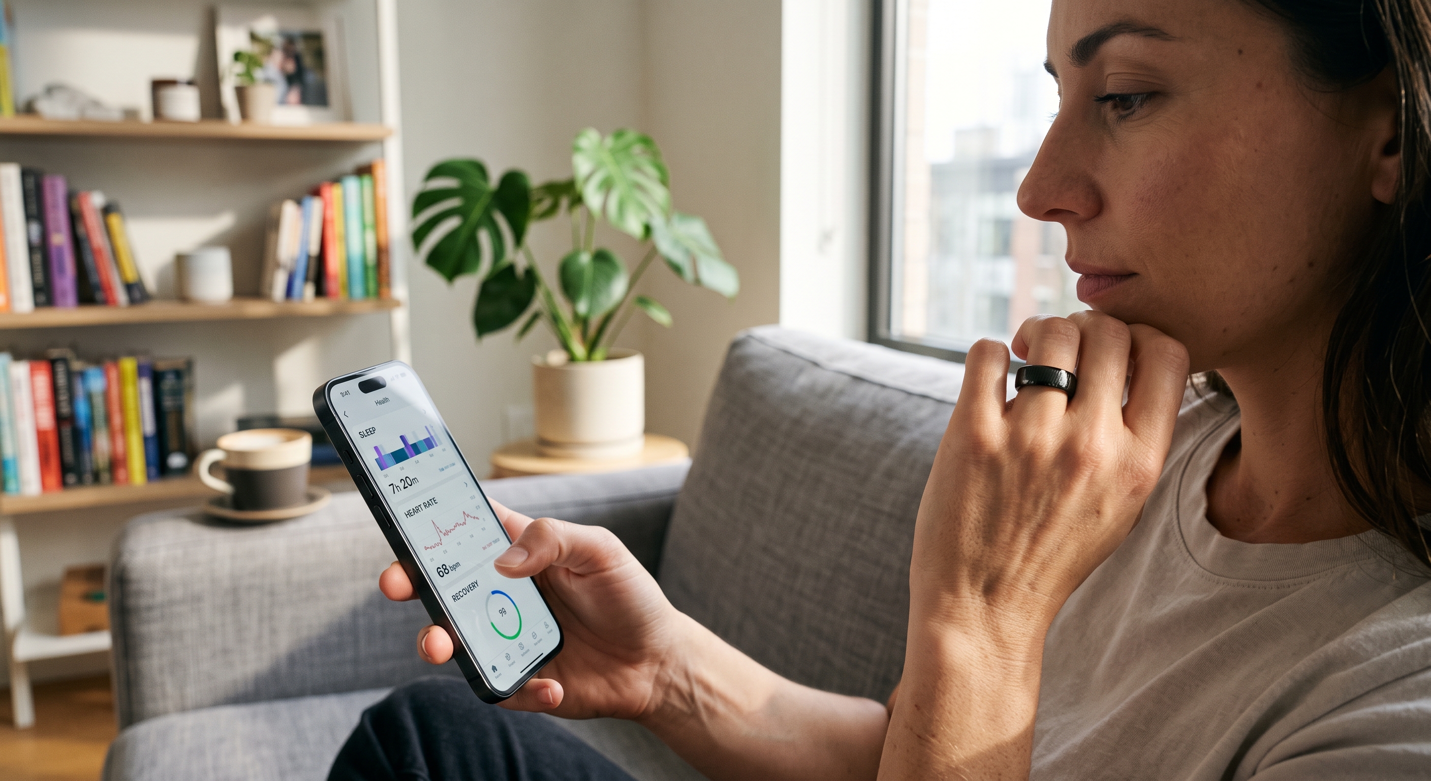 A woman in a living room reviews detailed health metrics on her smartphone while wearing a sleek, black smart ring.