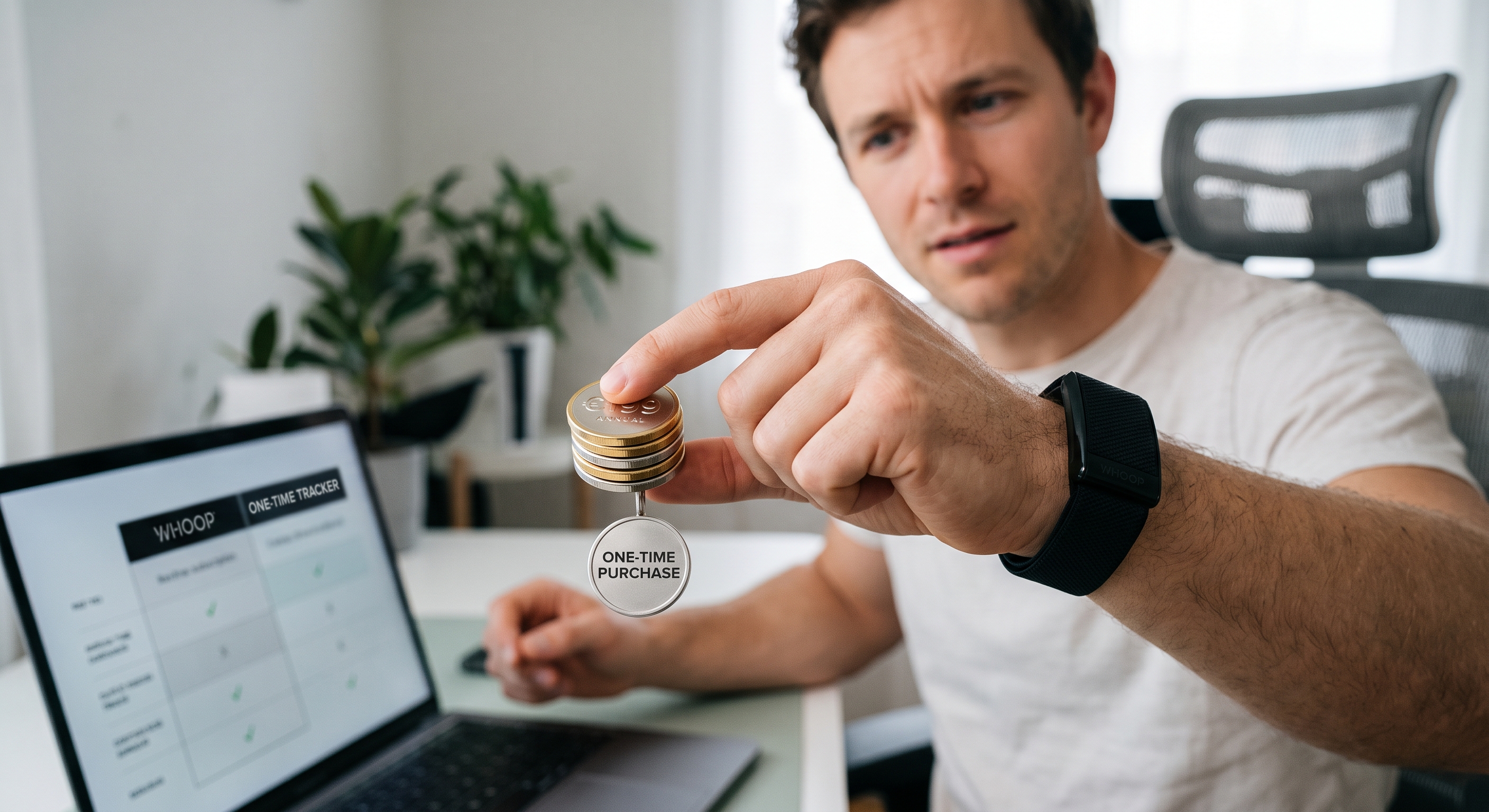 A man with a fitness tracker holds gold coins and a 'ONE-TIME PURCHASE' charm near a laptop comparing WHOOP plans.