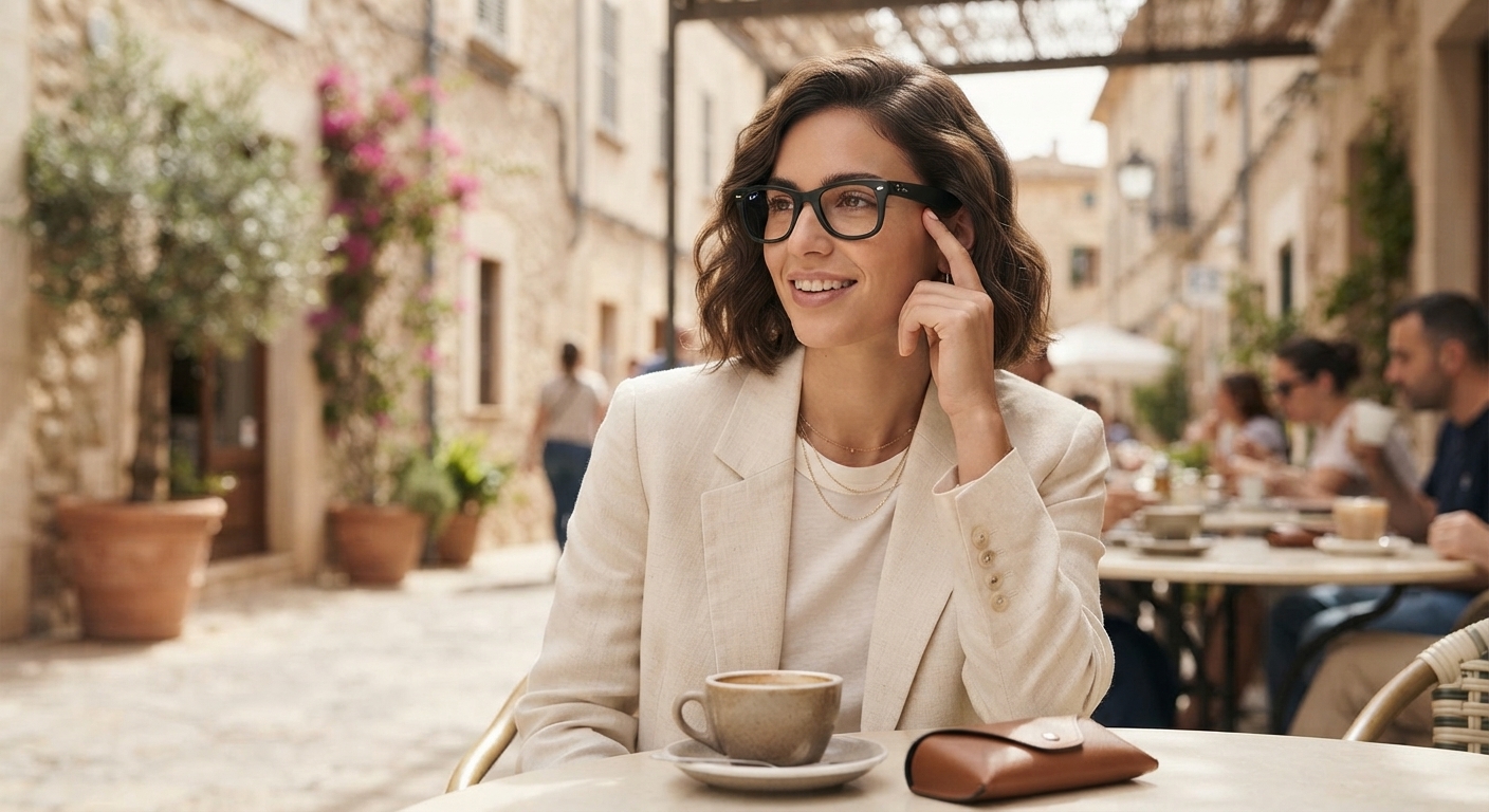 A smiling woman in a beige blazer sits at an outdoor cafe table, wearing smart glasses and touching the temple with her finger.