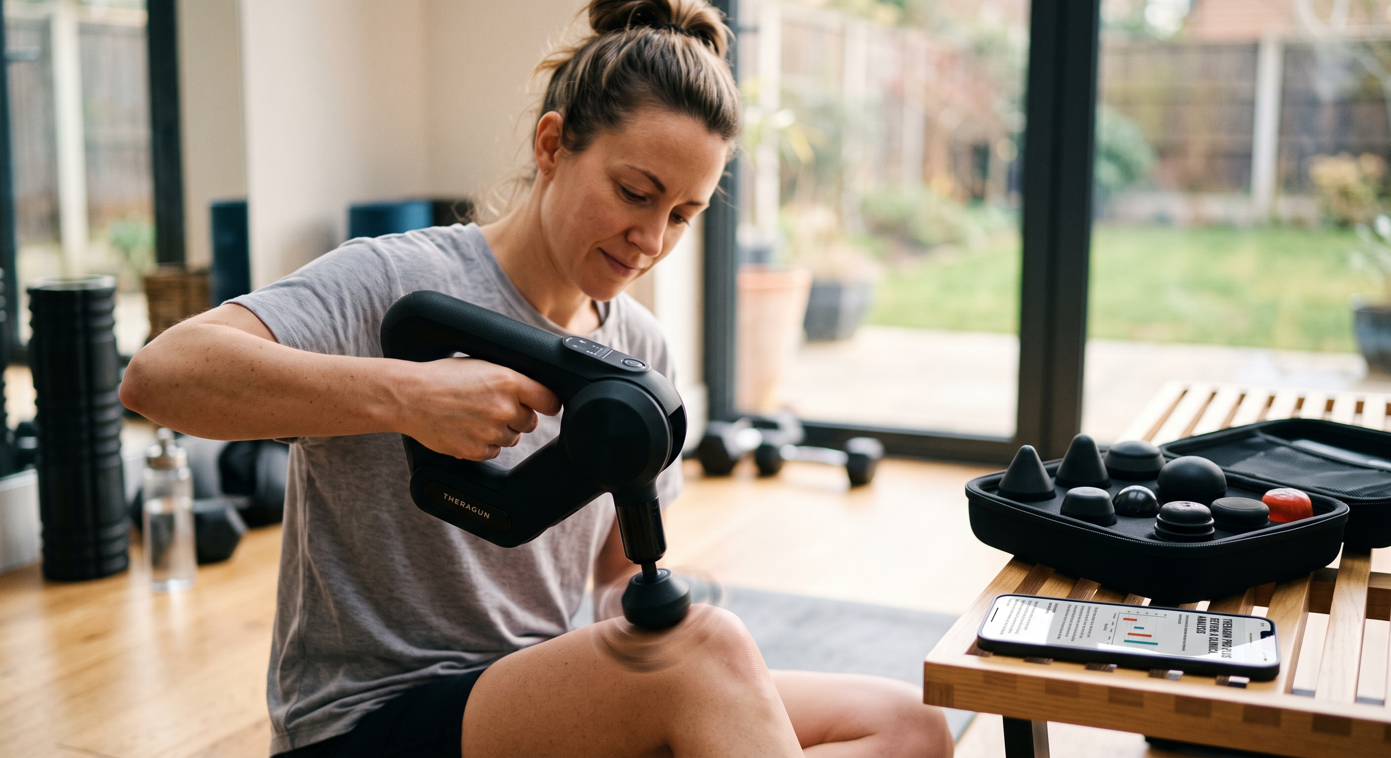 A woman uses a Theragun massage gun on her leg, near an attachment case and a phone showing recovery metrics.