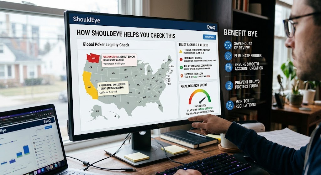 The ShouldEye platform dashboard displays a state map, legal risk score, and trust signals for Global Poker legality.
