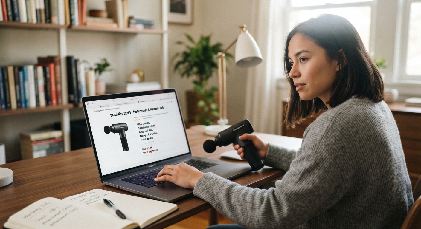 Woman sitting at a desk checking a massage gun product listing on her laptop and holding a device.
