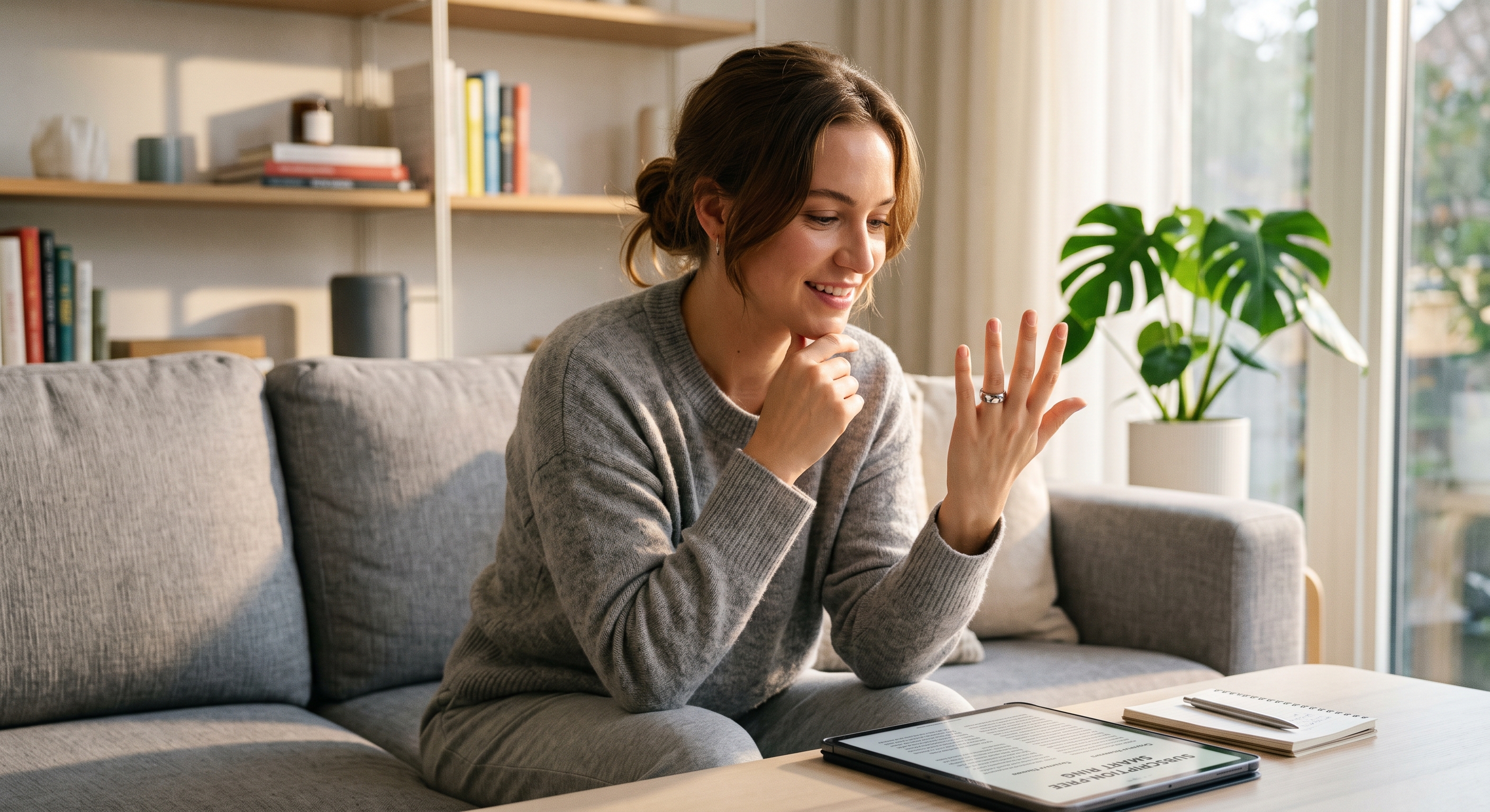 A woman on a couch inspects a sleek smart ring on her hand while reviewing a tablet displaying subscription-free options.
